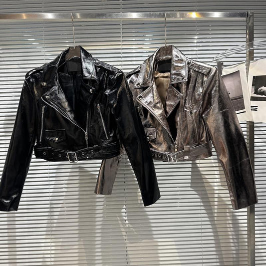 Net red same style 2023 spring new fried street hot girl zipper belt locomotive liquid metal leather jacket jacket