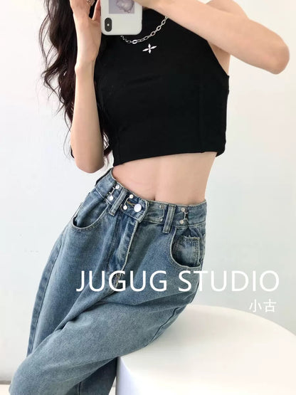 JUGUG mopping buckle jeans women's spring and summer new loose high waist drape all-match straight slim wide-leg pants