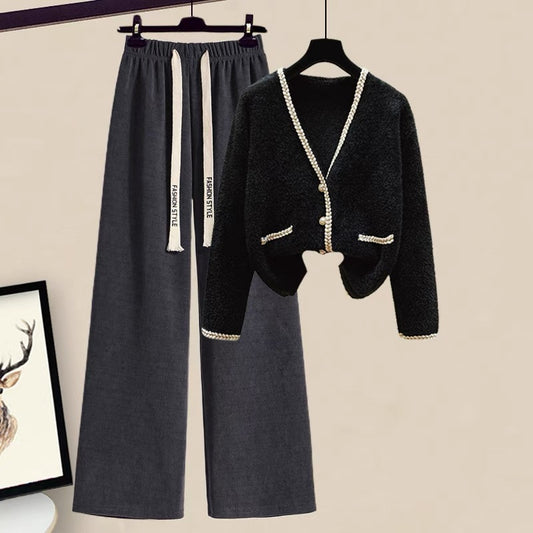Autumn small man V-neck sweater cardigan high waist straight pants wide leg pants suit female western style two-piece suit