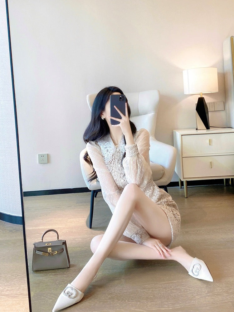 Heavy industry lace dress high-end sense 2023 spring new women's clothing temperament lady French jacquard court style skirt 2015u
