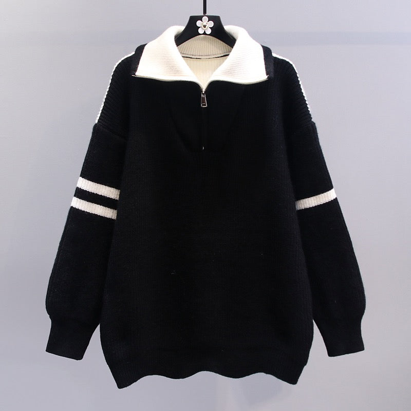 Contrasting color design sense half zipper sweater women's autumn and winter 2023 new loose lazy wind mid-length knitted sweater top