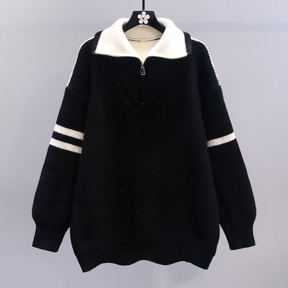 Contrasting color design sense half zipper sweater women's autumn and winter 2023 new loose lazy wind mid-length knitted sweater top