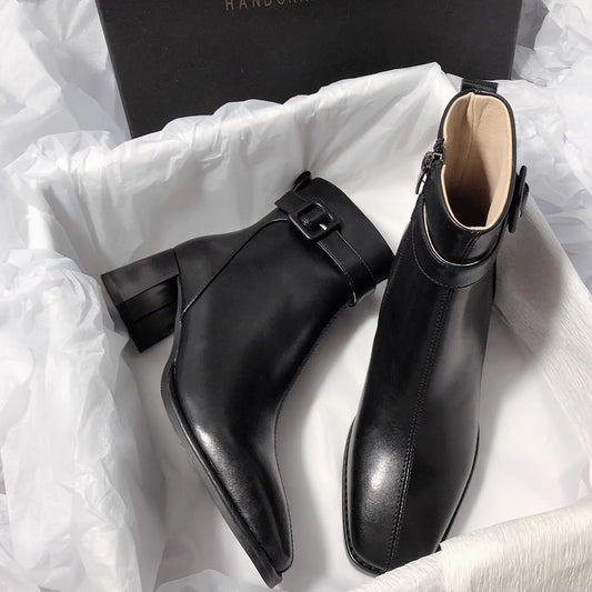 Senyu Haixiang 2022 new retro temperament leather square head thick heel brown fashion high-heeled short boots for women