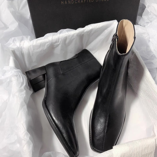 Senyu Haixiang 2022 new leather square head retro temperament thick heel fashion high heel fashion short boots for women