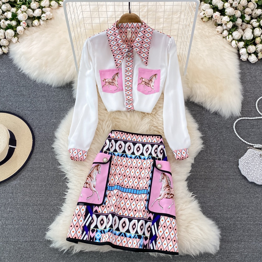 Fashion suit female celebrity temperament positioning printing loose long-sleeved shirt two-piece high waist skirt short skirt spring