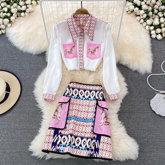 Fashion suit female celebrity temperament positioning printing loose long-sleeved shirt two-piece high waist skirt short skirt spring