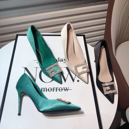 Design sense niche temperament rhinestone square buckle pointed toe high-heeled evening dress shoes Korean version of hot mom fairy style stiletto shoes
