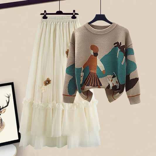 Autumn autumn clothes lazy wind cartoon pattern round neck knitted sweater mesh skirt suit female age reduction two-piece suit
