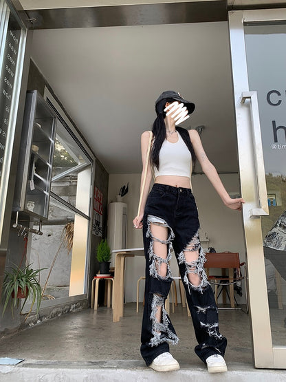 High street ins tide ripped straight jeans female spring American style high waist beggar pants mopping trousers wide leg pants