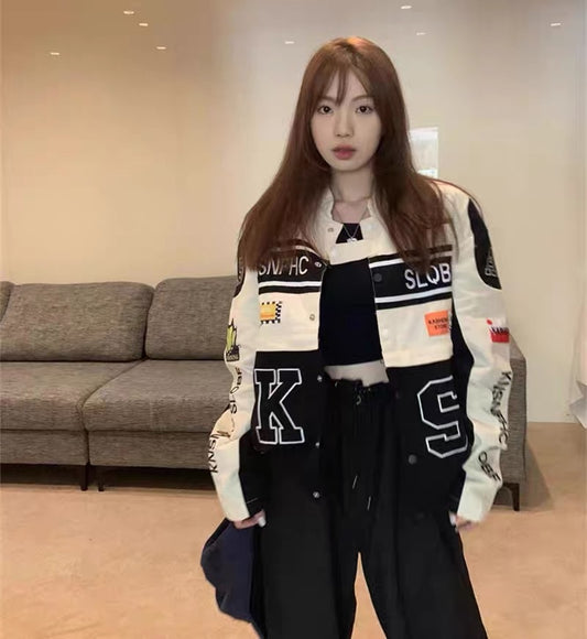 Hong Kong style retro alphabet fried street baseball jacket women's 2022 autumn detachable two-wear short motorcycle jacket 1345