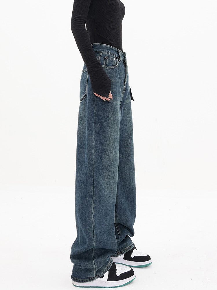 KEN STUDIO retro blue thickened high-waisted jeans women's winter plus velvet straight loose casual pants