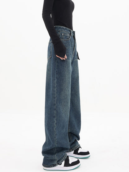 KEN STUDIO retro blue thickened high-waisted jeans women's winter plus velvet straight loose casual pants