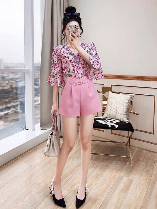 Dairy wear suit summer women's 2022 new floral chiffon tops shorts playful and lively two-piece summer