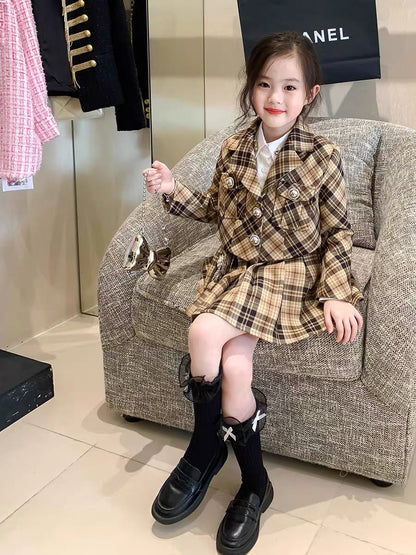 Original girls children's clothing autumn college style sub suit children's baby suit jacket pleated skirt two-piece set