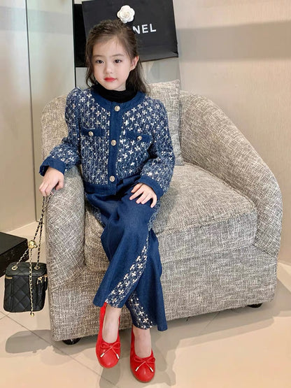 Original Girls Children's Clothing Autumn Small Fragrance Fashionable Suit Children's Baby Autumn Clothing Denim Sequin Jacket Wide Leg Pants