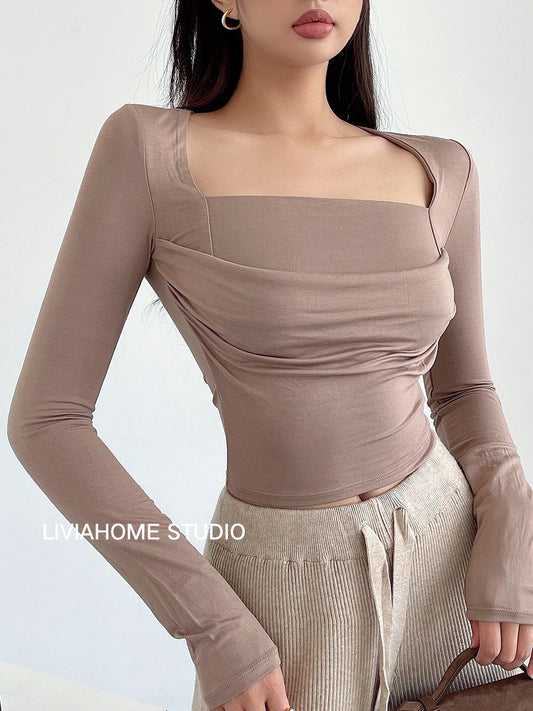 liviahome pleated waist tight T-shirt top female pure desire hot girl short square collar long-sleeved bottoming shirt
