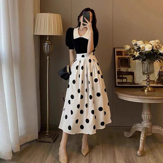 Hepburn-style French retro high-waisted polka-dot skirt two-piece suit high-end temperament dress female summer