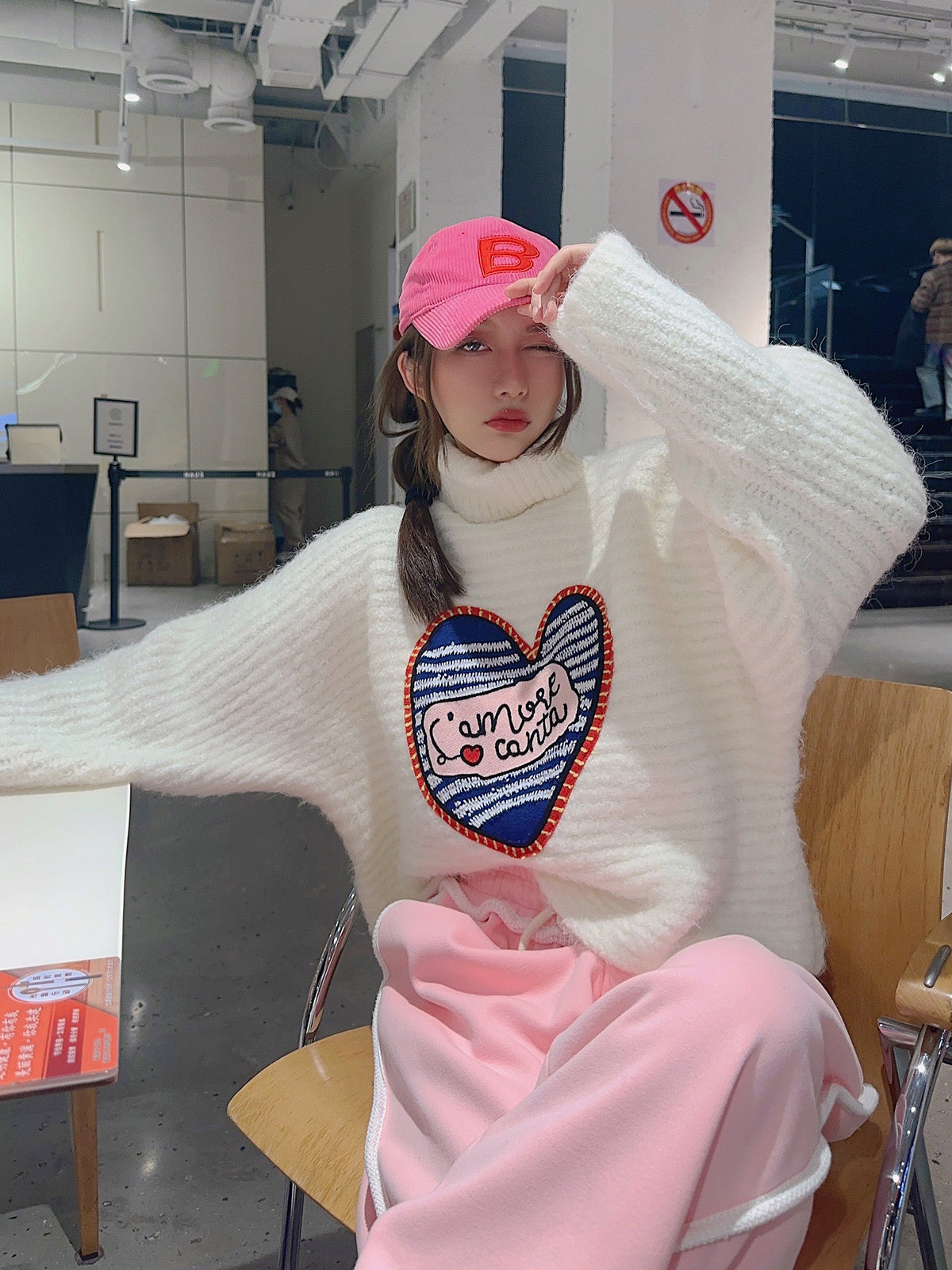Thebestxue Korean version of the white high-necked love loose sweater women's thickened autumn and winter 2022 new top tide