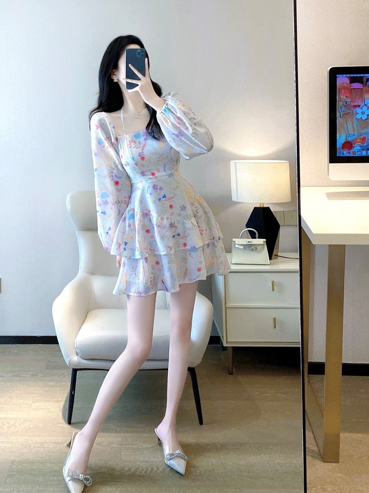 Floral Dress Women 2023 Spring and Autumn New French Style Slimming Waist Slim Temperament Sweet Long-sleeved Square Neck Cake Dress