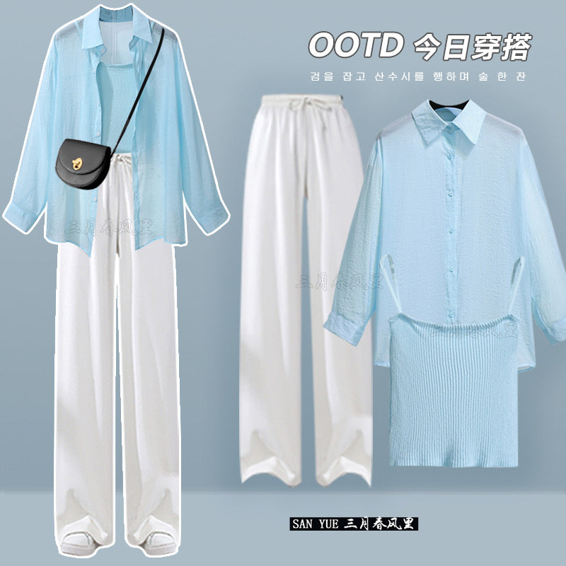Playful women's lively shorts suit 2023 new women's high-end summer sunscreen shirt suspenders three-piece set two