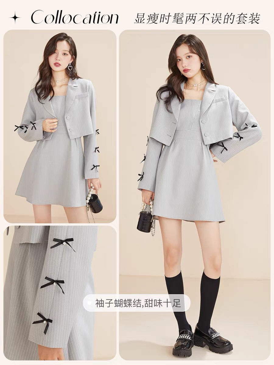 Fantu 2022 autumn new style bow decoration fashion suit women's short long-sleeved zipper suspender skirt two-piece set