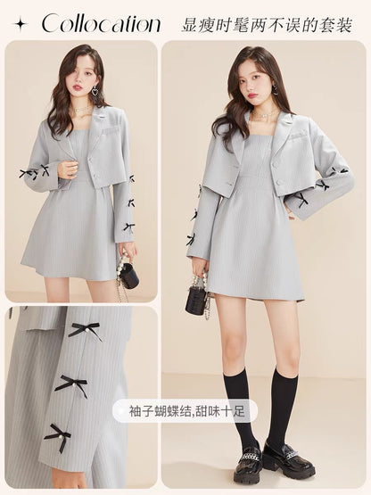 Fantu 2022 autumn new style bow decoration fashion suit women's short long-sleeved zipper suspender skirt two-piece set