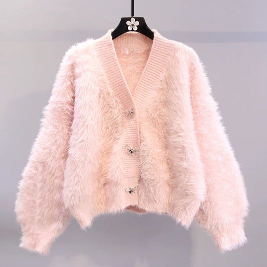 Small fragrance bow-knot imitation mink fleece sweater coat women's autumn and winter 2022 new loose outer wear knitted cardigan