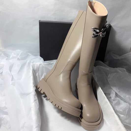 Senyu Haixiang Sweet Butterfly Round Head Leather Fried Street Western Style Thick Bottom Well-behaved Tall Knight But Knee Boots