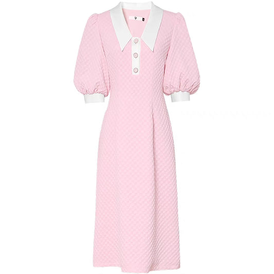 2022 summer new fashion V-neck lantern sleeve waist simple commuter OL plaid jacquard pink dress
