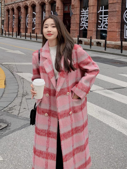 Pink imitation cashmere woolen coat women's winter thickened 2022 new Korean high-grade wool long woolen coat