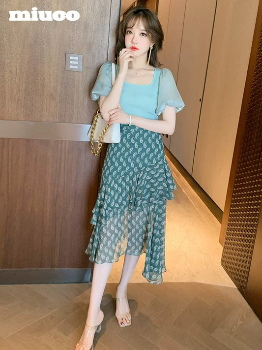 miuco French lantern sleeve top + irregular ruffled printed skirt suit female 2021 summer new