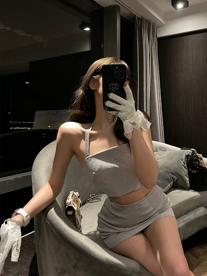 ChiclyNana light cooked style women's suit Hong Kong flavor summer hot girl backless top Korean drama heroine two-piece skirt