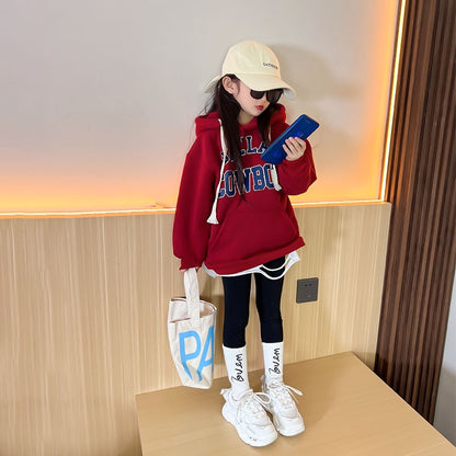 Girls' foreign style plus fleece sweater 2022 winter new hoodie tops for big children fashionable all-match thickened warm
