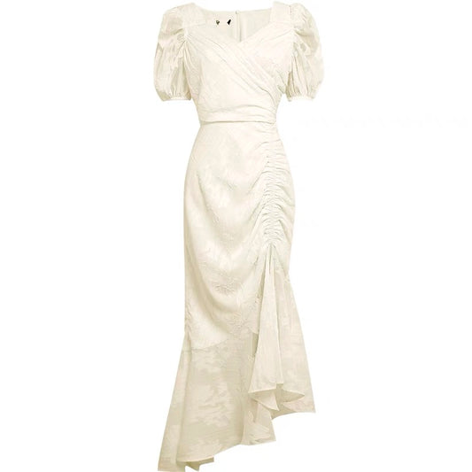2022 new summer dress women's temperament chiffon waist long skirt puff sleeve fishtail mid-length dress women