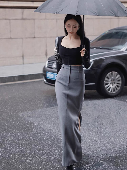 Xiaoli gray record black high waist bag hip suit skirt 2022 new autumn and winter retro thin straight skirt