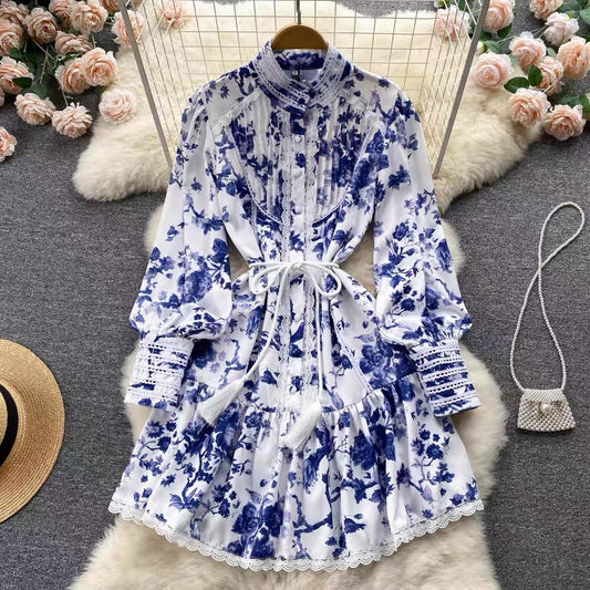 Spring new style stand-up collar temperament single-breasted lantern sleeves fringed waist print dress sweet knee-length skirt