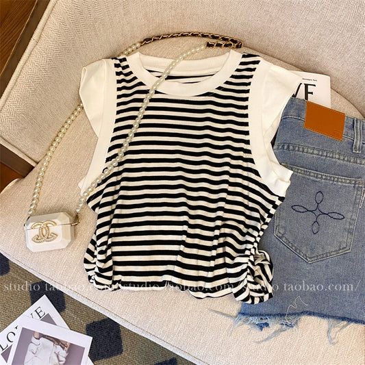 Sweet and spicy waistcoat striped vest 2023 summer new women's clothing lazy casual advanced slim chic top