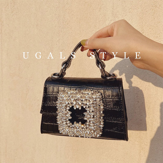UGALS crocodile pattern French retro shiny diamond hand-set diamond flower rhinestone small square bag portable Messenger bag