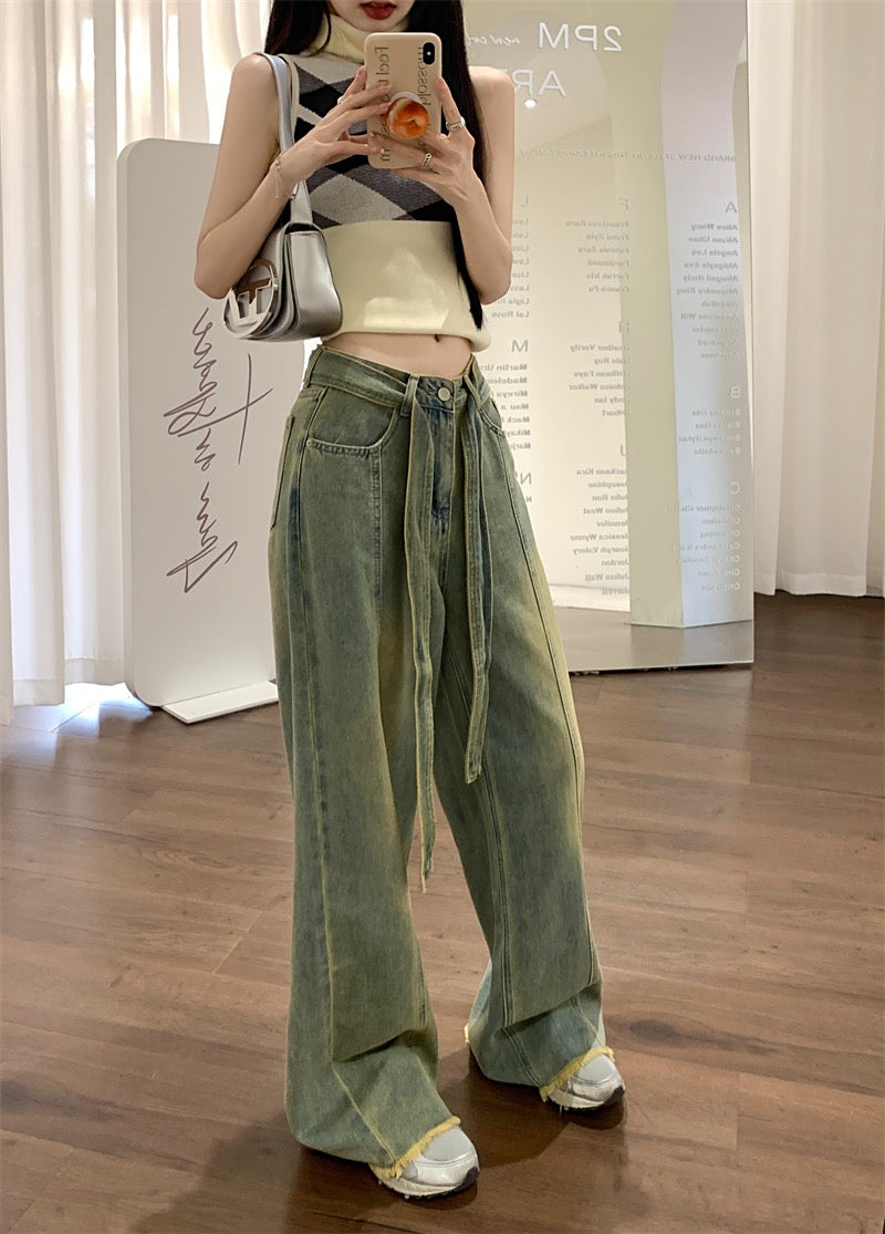 Retro old raw edge jeans women's summer high waist loose straight trousers design sense wide leg mopping pants