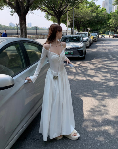 French one-shoulder hanging neck suspender dress niche design sense summer women's waist slimming fairy skirt long skirt