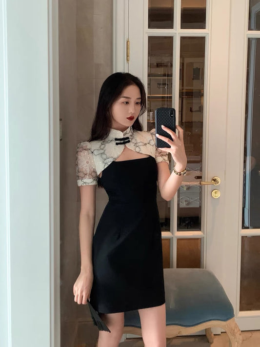 Luhe Clothing Design improved version of detachable cheongsam square collar short skirt national style dress suit women 1263