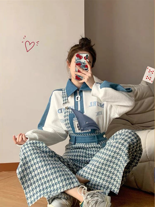 [Powder Welfare] MUEL Casual sweater suit Spring 2022 new age-reducing denim overalls two-piece set