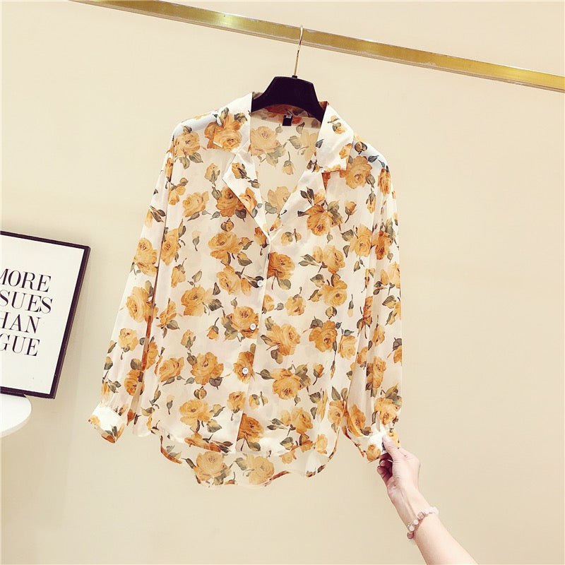 2022 early autumn new retro yellow small floral shirt women's all-match long-sleeved design sense niche fashion top