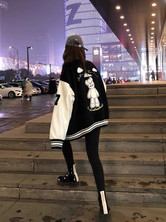 Cubs baseball uniform jacket women's spring and autumn American street vintage motorcycle clothing casual leather jacket tide ins