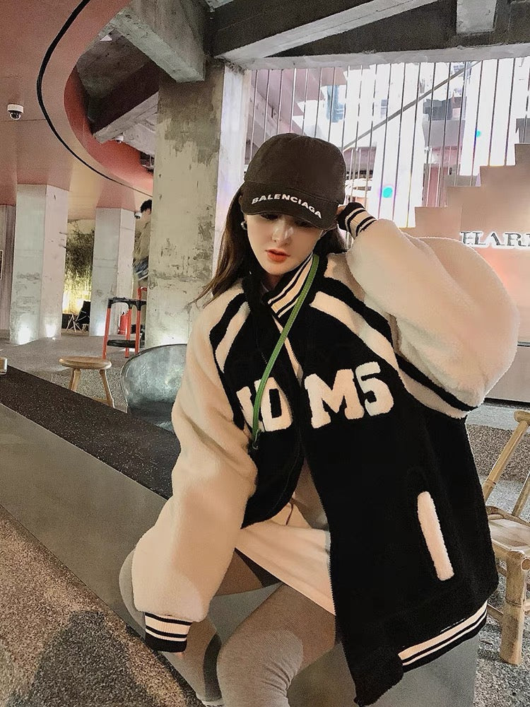 Badge baseball uniform women's winter thickened lamb wool jacket fashion Korean version loose fleece casual jacket ins tide