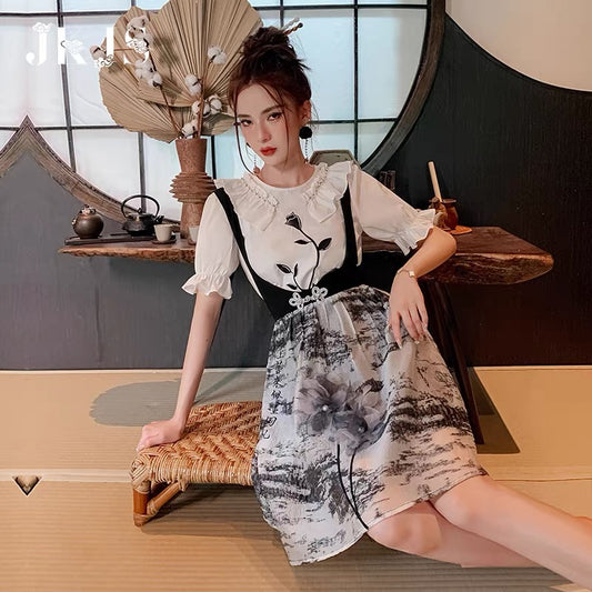 JKJS suspender skirt summer female pear-shaped figure 2022 new new Chinese dress national style retro national tide skirt 1533