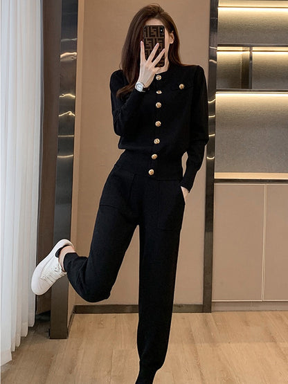 Casual sports suit women's spring and autumn self-cultivation and slim fashion age-reducing high-level knitted sweater two-piece western style