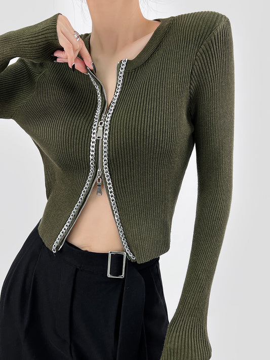 DOUBLE Z double zipper short knitted cardigan women's autumn and winter heavy industry metal chain slim-fit long-sleeved shoulder pad sweater