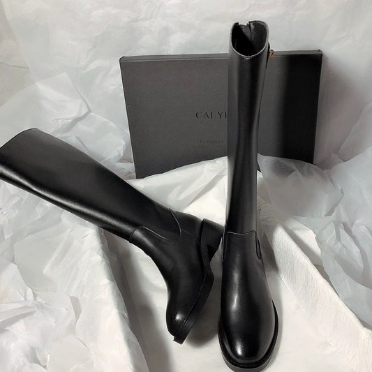 Senyu Haixiang 2022 new leather mid-heel but knee-high boots knight motorcycle simple wild high boots women