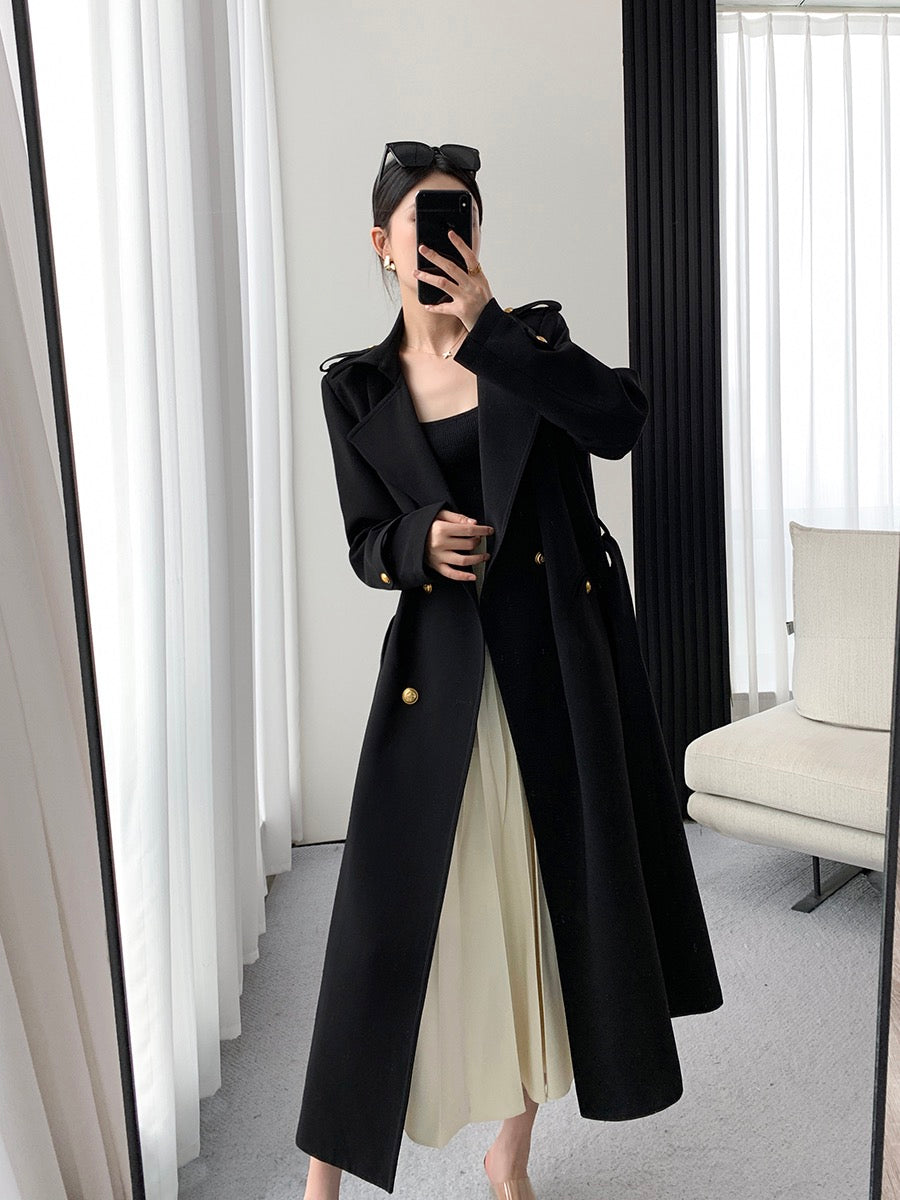 FT GUOGE black windbreaker women's 2023 spring new high-end temperament Hepburn style mid-length coat jacket